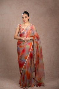 Multi-colored organza saree for wedding and festive wear