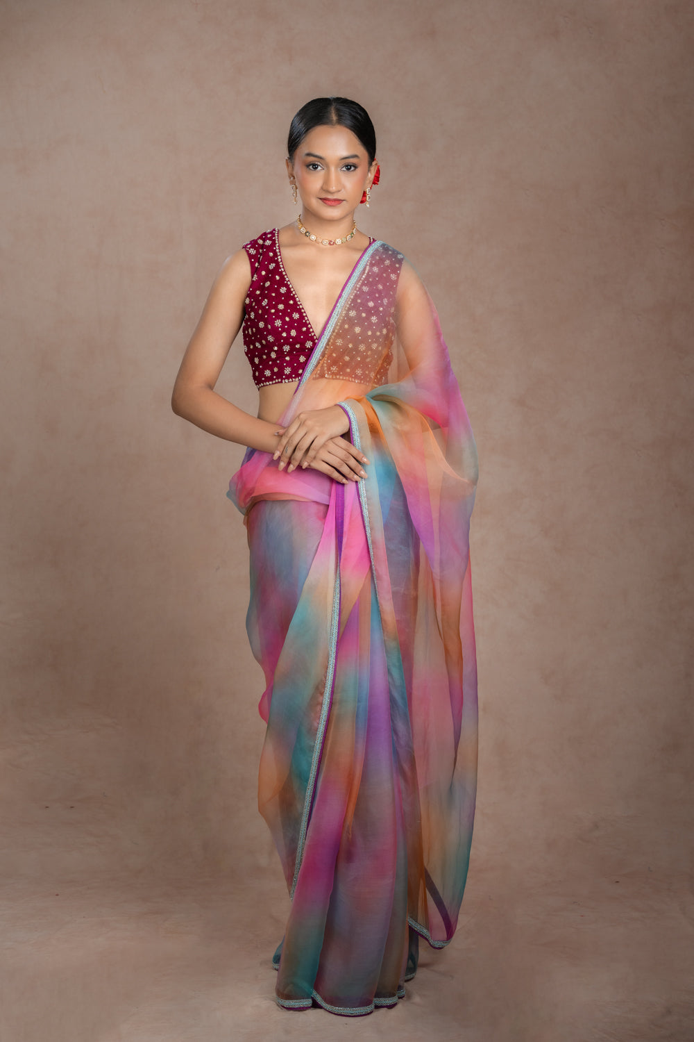 Multi-colored organza saree set