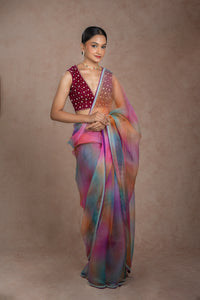 Multi-colored organza saree set for wedding and festive wear