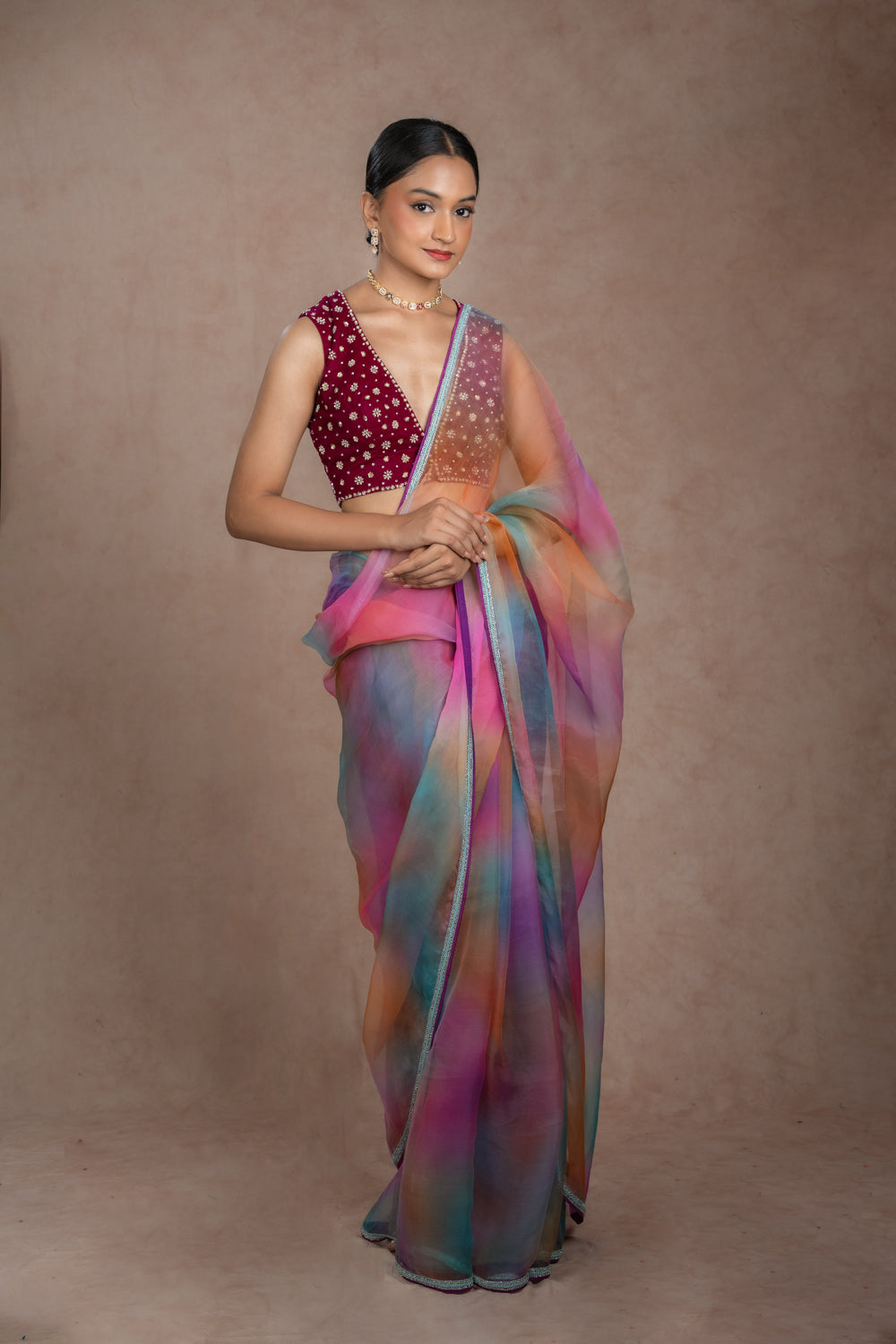 Multi-colored organza saree set