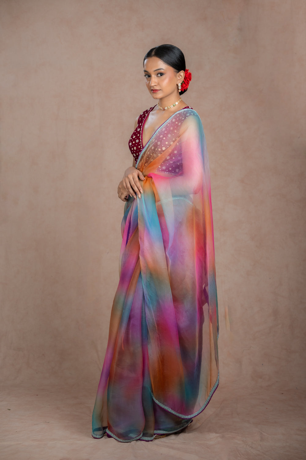 Multi-colored organza saree set