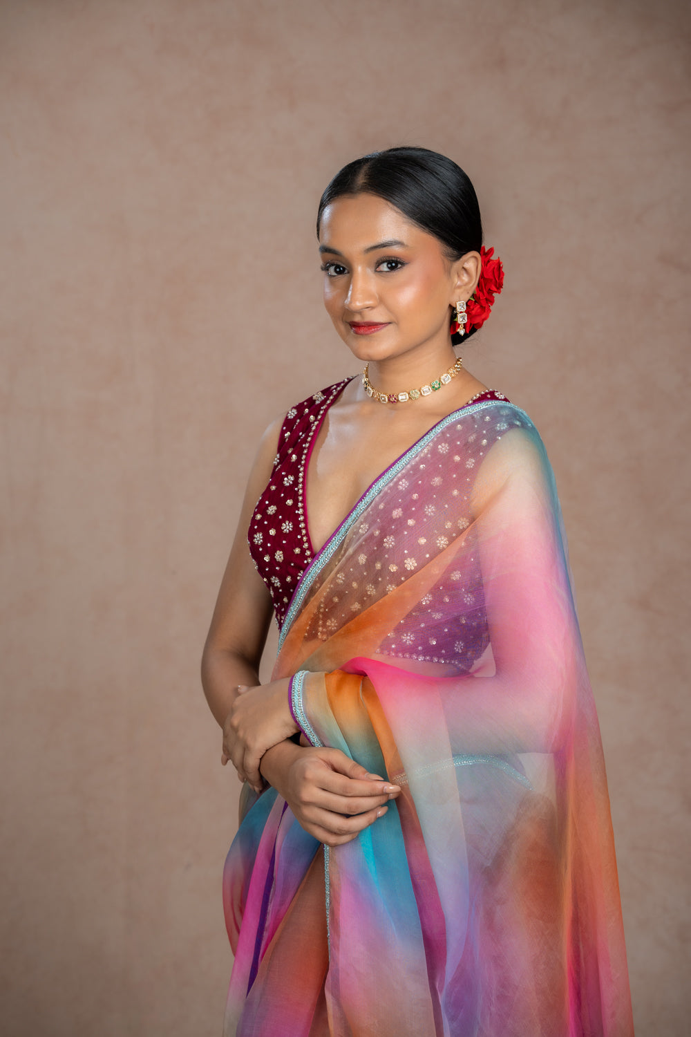 Multi-colored organza saree set