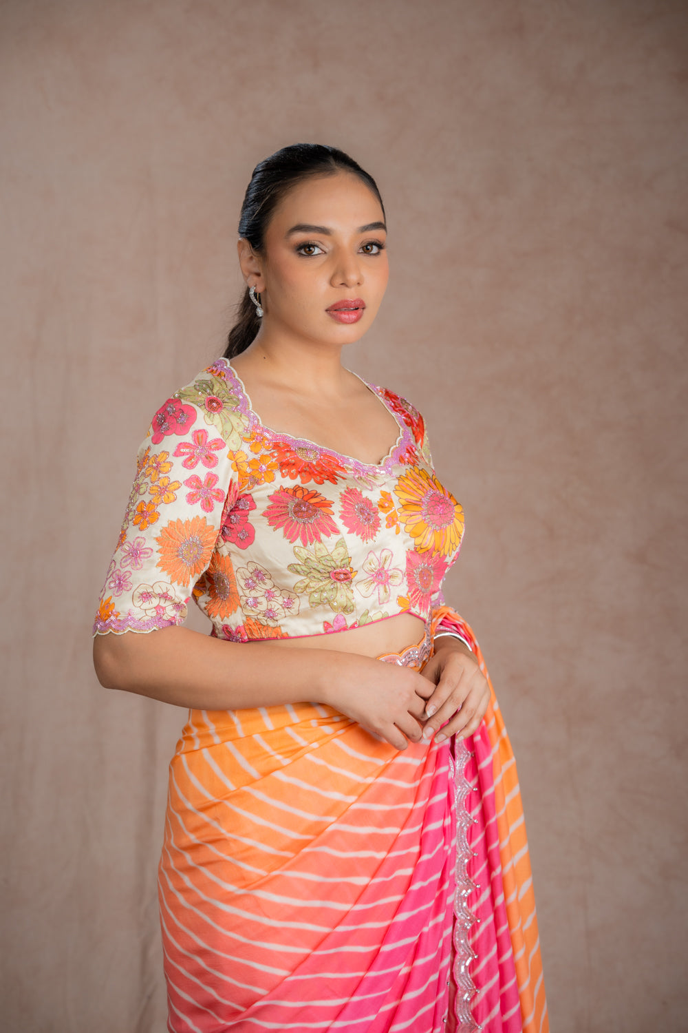 Peach Orange Leheriya Saree Set