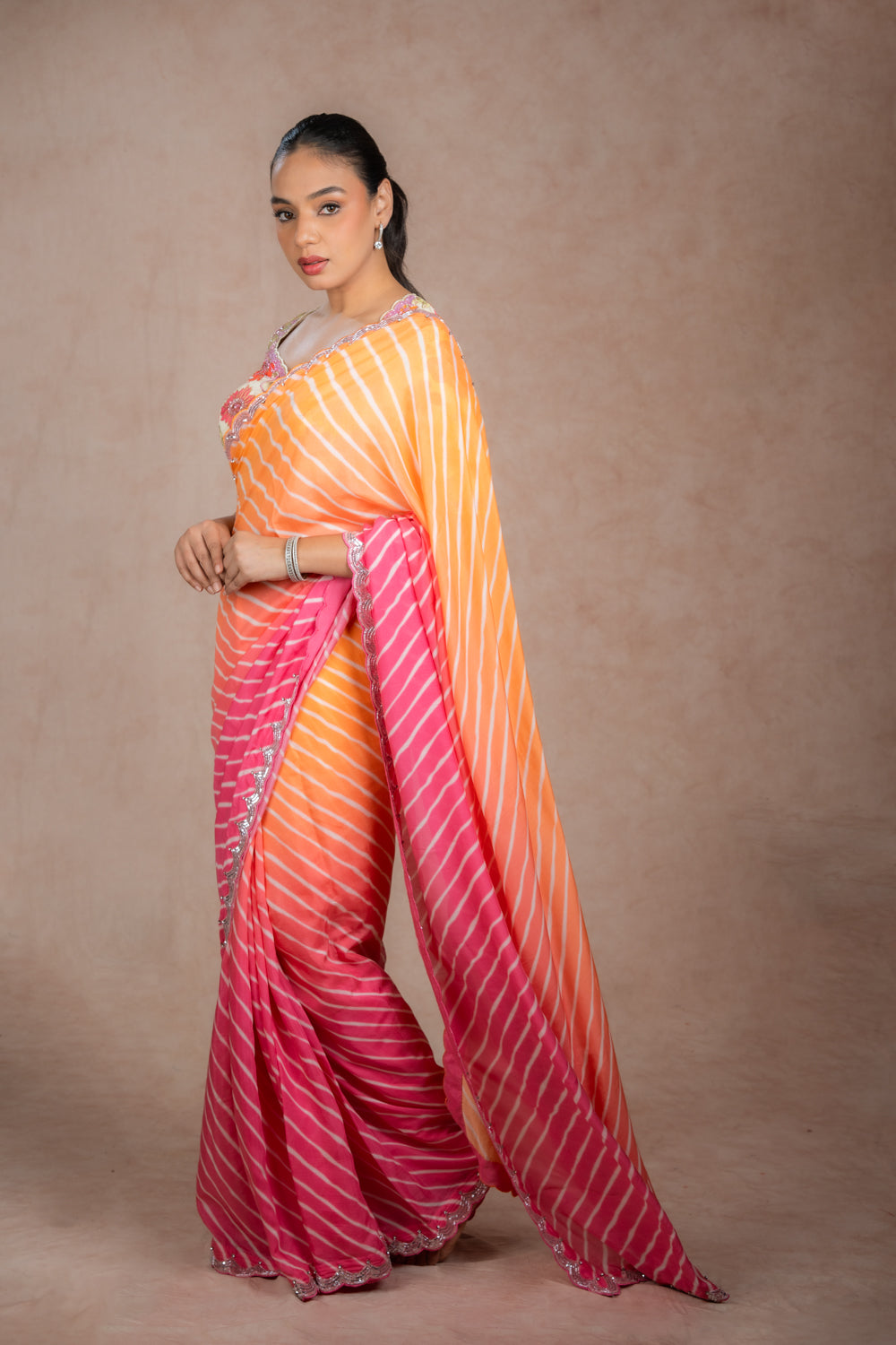 Peach Orange Leheriya Saree Set