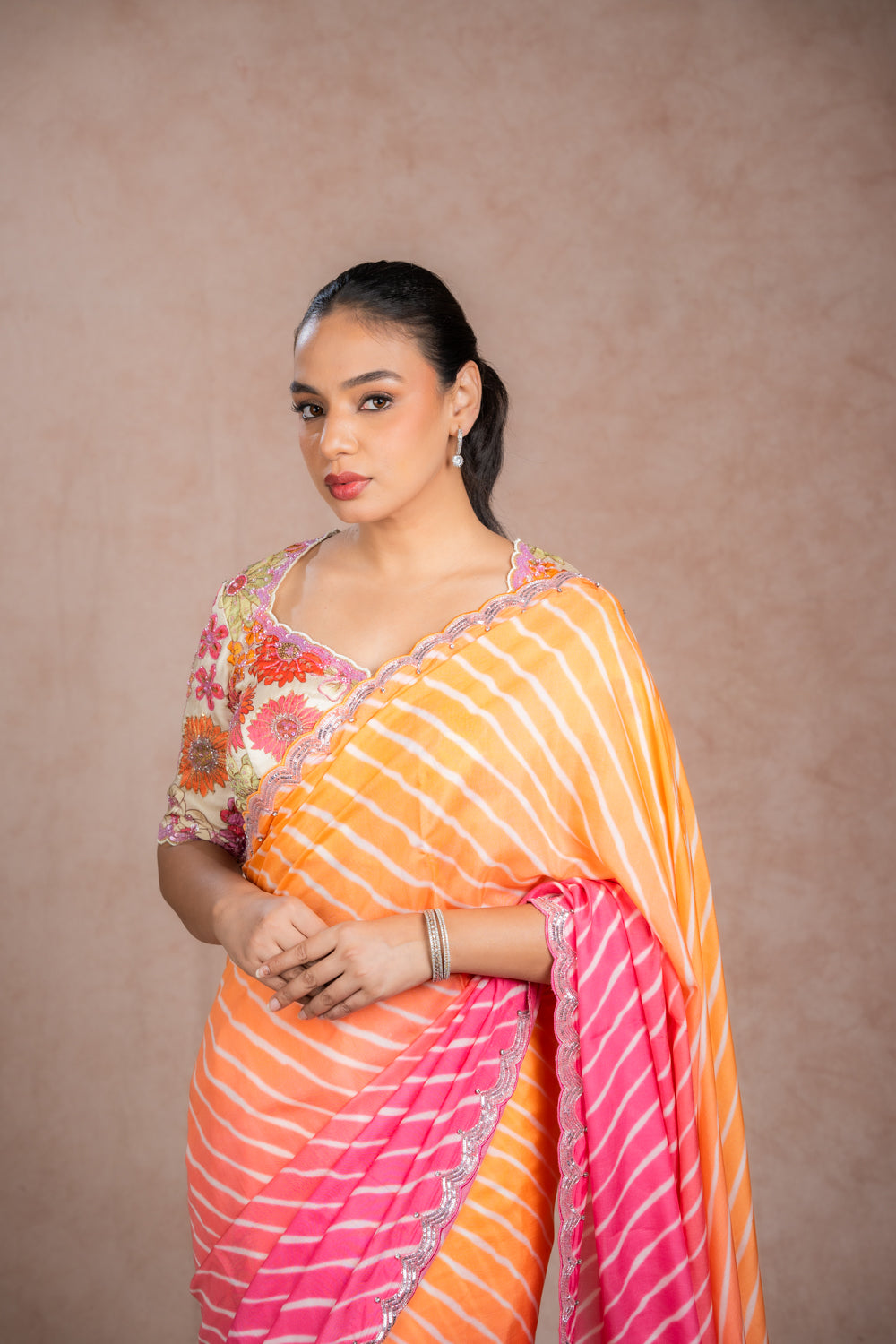 Peach Orange Leheriya Saree Set