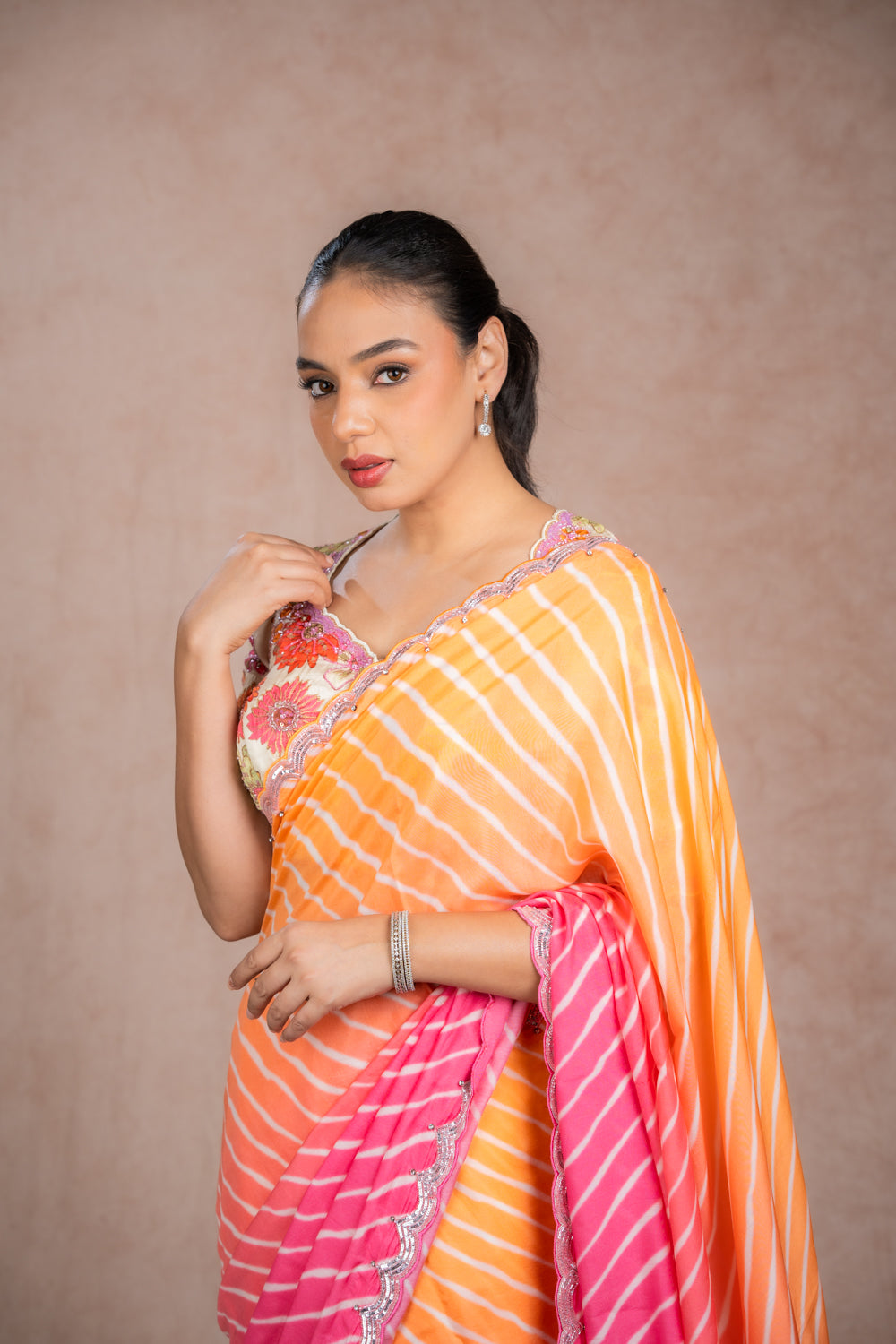 Peach Orange Leheriya Saree Set