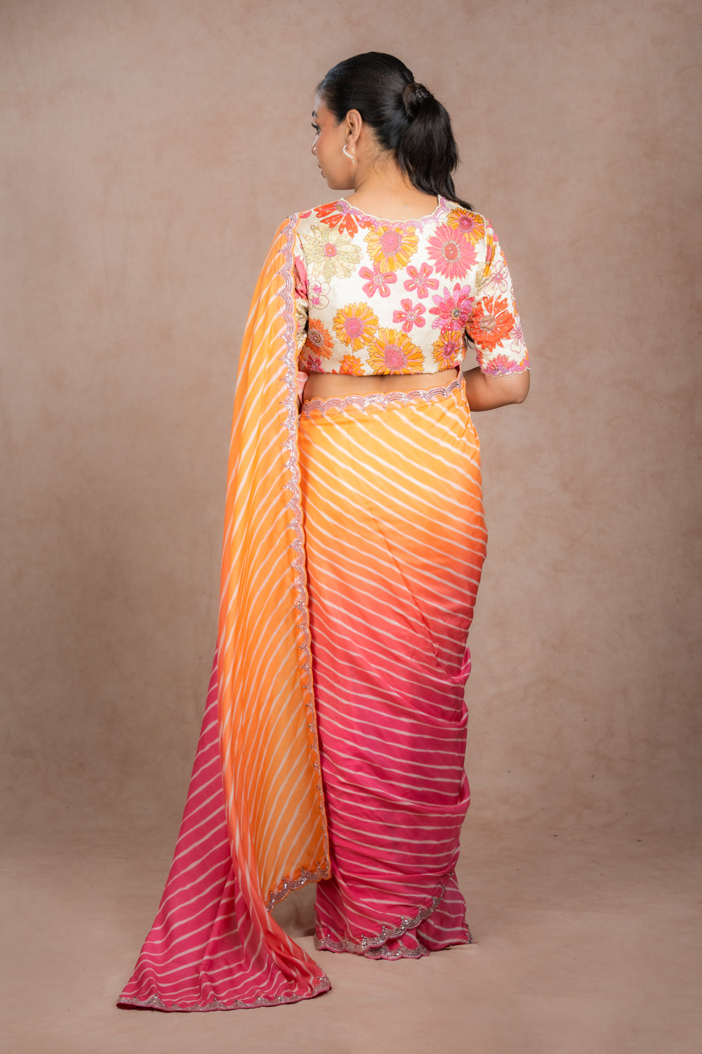 Peach Orange Leheriya Saree Set