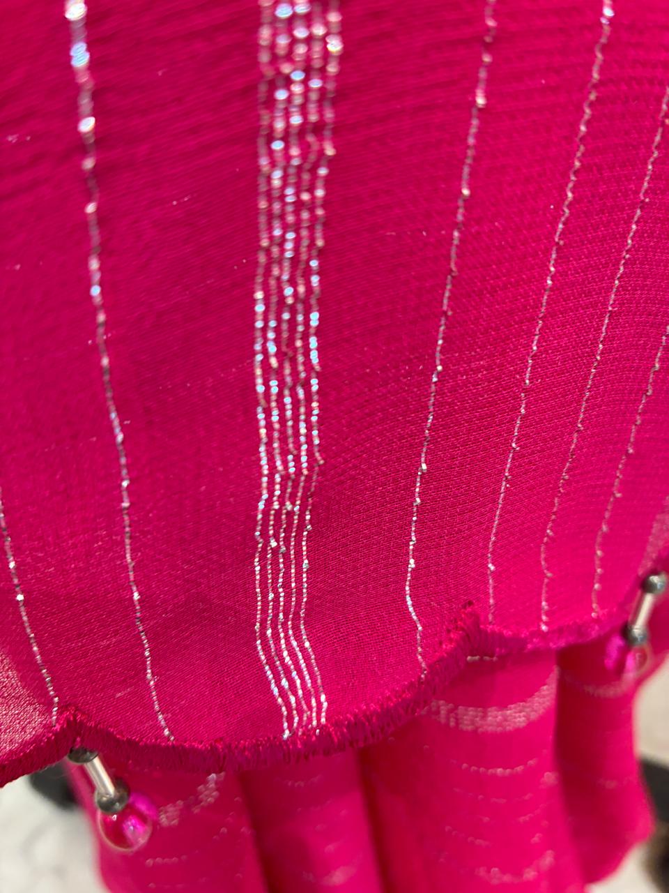 Rose Radiance – Silver Striped Shimmer Saree for wedding and festive wear