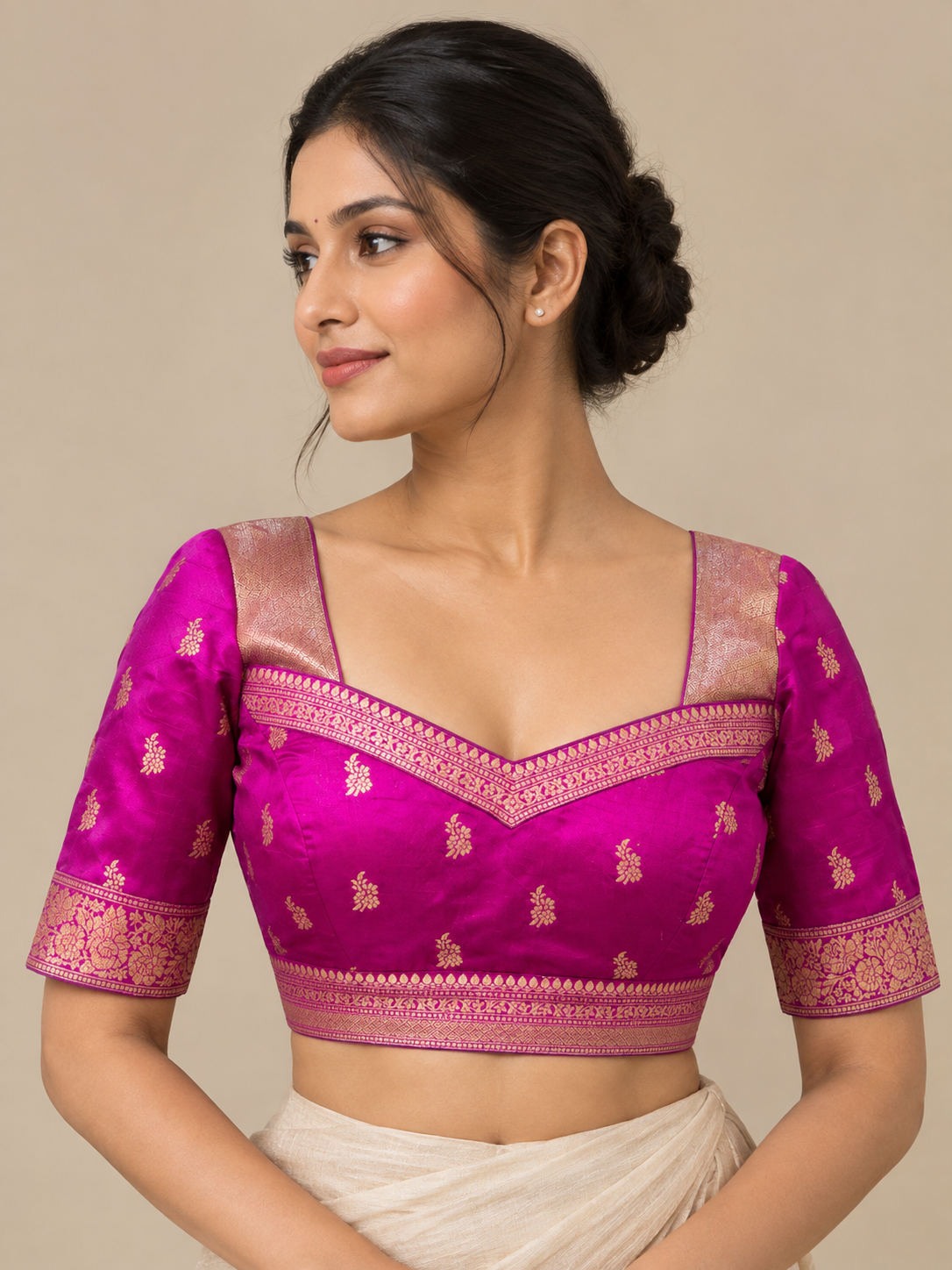 Wine Pink Zari Butta Blouse With Borders For Festive and wedding wear