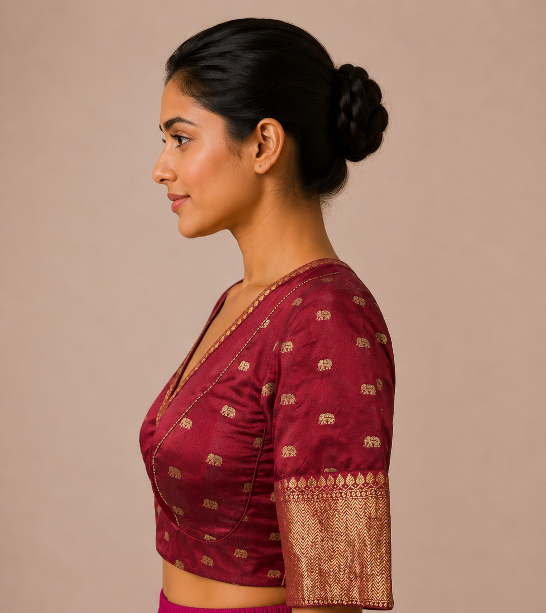 Wine Pink brocade Blouse With Borders For Festive and wedding wear