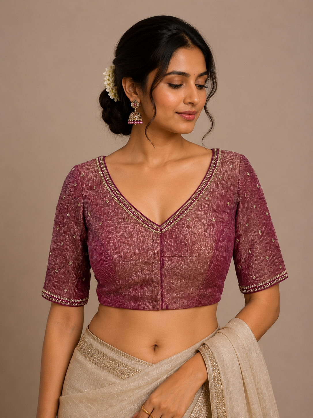 Pink Crushed Tissue Blouse with Cut Dhana & Swarovski Embellished Blouse for festive and wedding wear (Copy) (Copy) (Copy)
