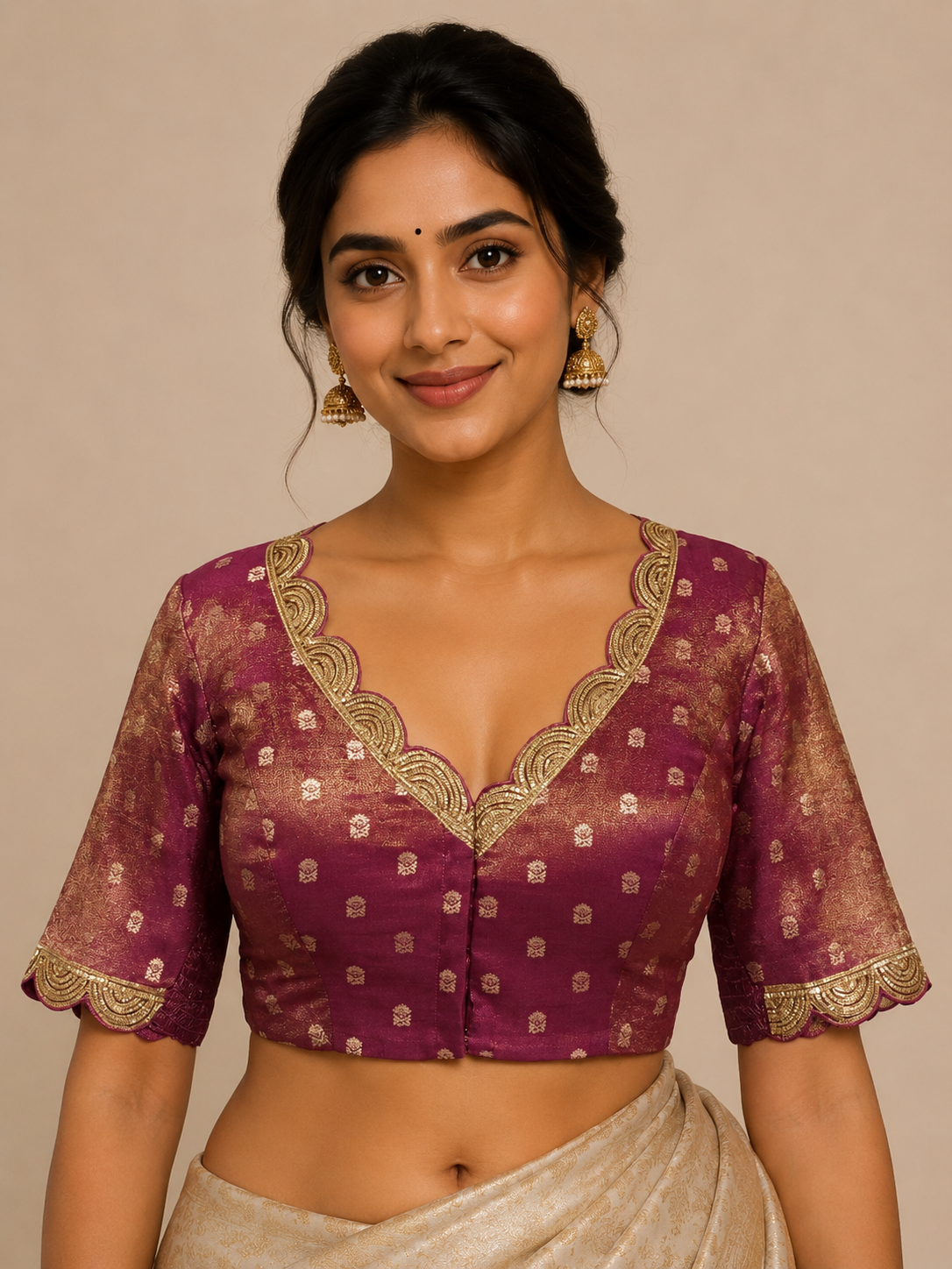 Wine Pink Tissue Brocade Blouse with Handwoven Buttas & Scalloped Gota Workfor wedding and festive wear