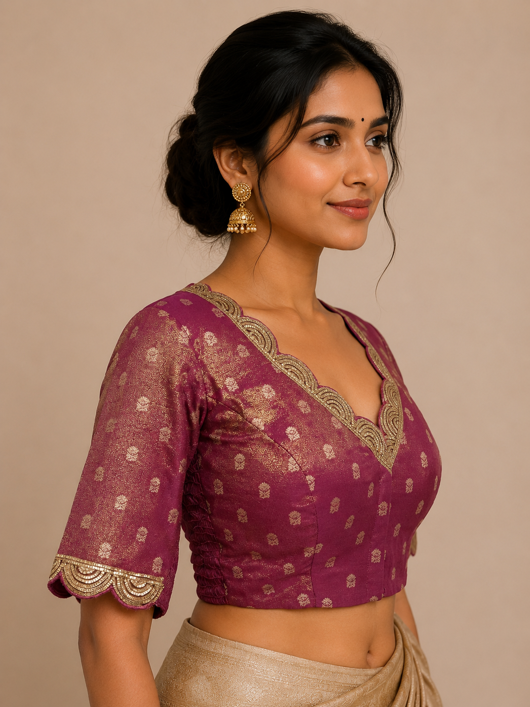 Wine Pink Tissue Brocade Blouse with Handwoven Buttas & Scalloped Gota Workfor wedding and festive wear