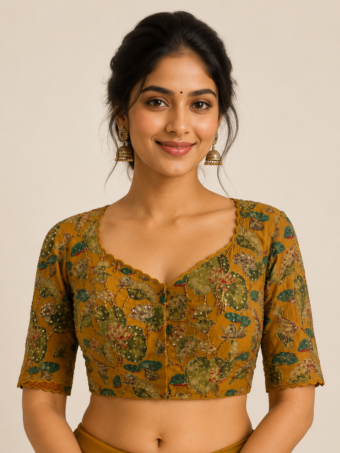 Yellow digital print Hand Embroidered Blouse for wedding and festive wear