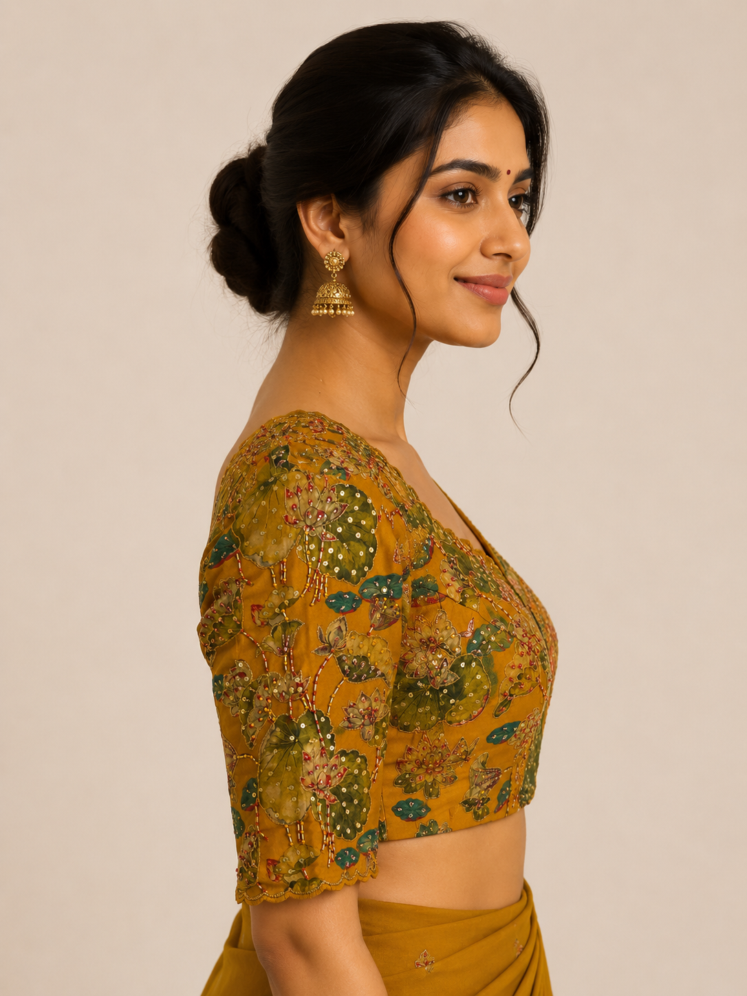 Yellow digital print Hand Embroidered Blouse for wedding and festive wear