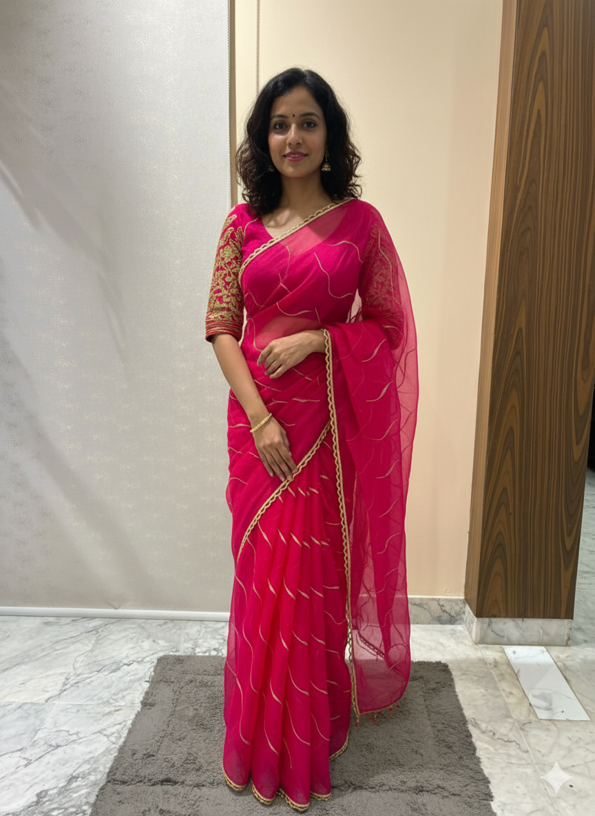 Pink Organza Saree with Scalloped Gota Lace & Abstract Sequins