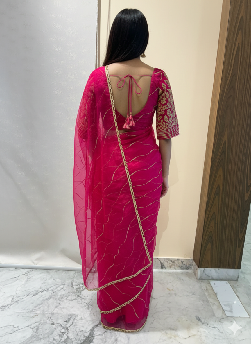 Pink Organza Saree with Scalloped Gota Lace & Abstract Sequins