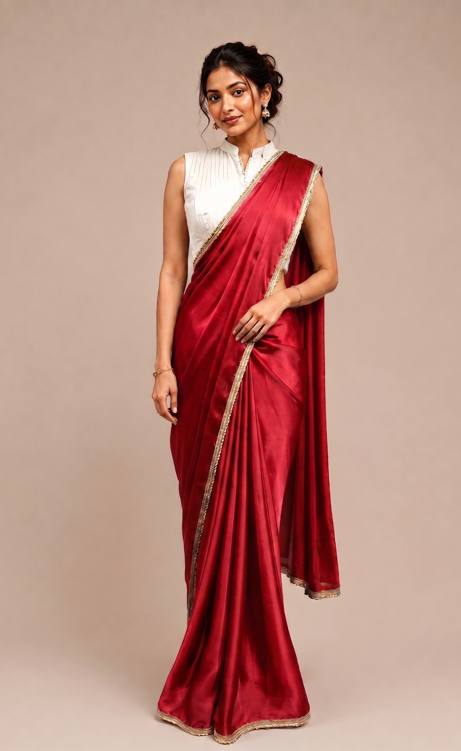 Modal Satin Saree with contrast blouse with side sherring