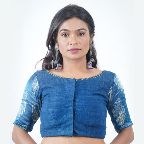 Blue Cotton Blouse with mashu Sleeves