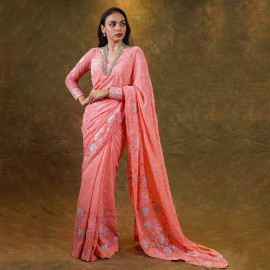 Coral Peach Floral Embroidered Saree