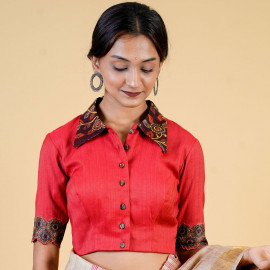Rust Cotton Silk Blouse with Kalamkari patch Work
