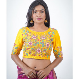 Yellow Rawsilk blouse with thread embroidery