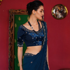 Indigo blue embroidered saree