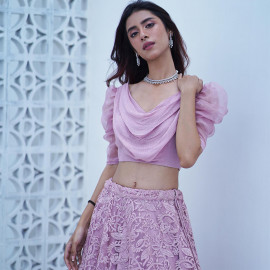 Mauve Skirt with Self Embroiderd Cowl Crop Top