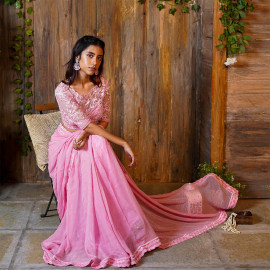 Peach Embroidered Saree With Embroidered Blouse