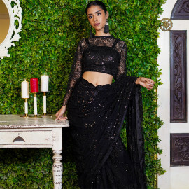 Black Embroidered Net Saree with Sequins Blouse